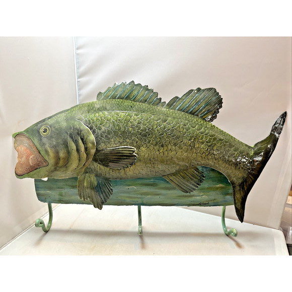 Artisan Made Metal Hand Painted Signed BASS Fish Wall Hooks Plaque - Picture 1 of 4